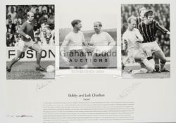 A double-signed Bobby & Jack Charlton photographic print, signed in black pen by both footballers,