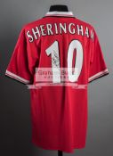 Teddy Sheringham signed Manchester United treble-winning style replica home jersey,