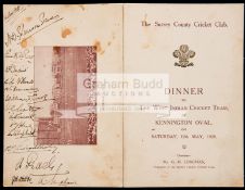 Signed Surrey CCC dinner menu in honour of the West Indian Cricket Team at The Oval 12th May 1928,