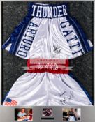 Double mounted boxing trunks signed by Arturo Gatti and Micky Ward, mounted above one another,