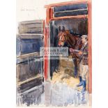 Peter Biegel (1913-1988) WET MORNING ! ('ARKLE' IN HIS STABLE WITH WORK RIDER PADDY WOODS) signed,