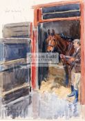Peter Biegel (1913-1988) WET MORNING ! ('ARKLE' IN HIS STABLE WITH WORK RIDER PADDY WOODS) signed,