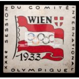 IOC Olympic Session badge for Vienna in 1933, silvered metal & enamel,