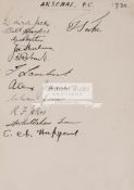 Autographs of the Arsenal 1930 football team, 12 signatures in ink on an album page comprising Jack,
