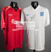 Steven Gerrard signed England and Liverpool replica jerseys,