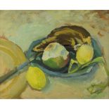 Unsigned, Still Life with Fruit. 16 x 20 ins., (40.5 x 51 cms.), Oil on Board. Well framed.