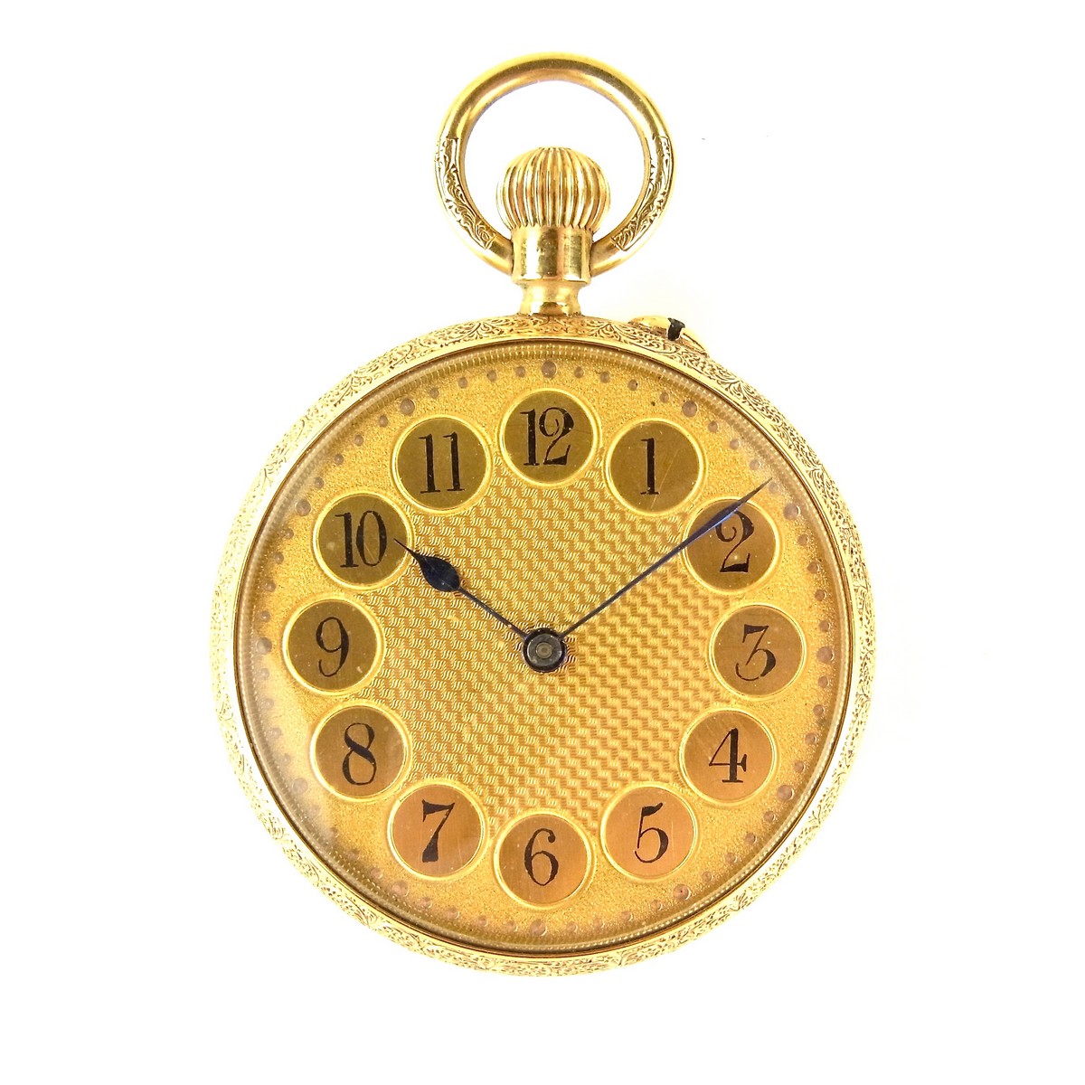 18 ct yellow gold open face pocket watch. Stem-wind, pin-set movement.