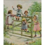 Children Playing by a Gate. 6.75 x 5.75 ins., Cromolithograph.
