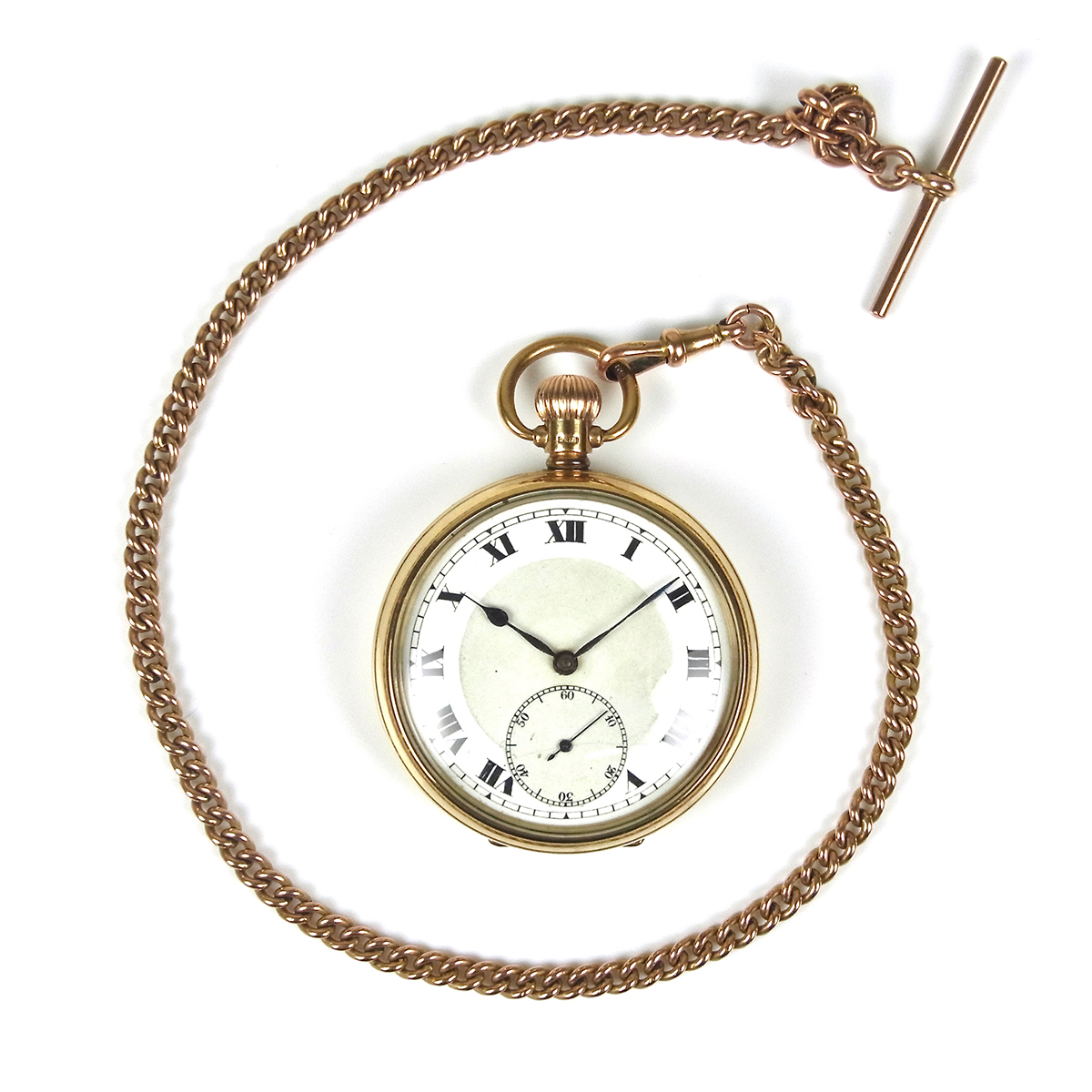 9 ct yellow gold open face pocket watch. Stem-wind, stem-set movement.