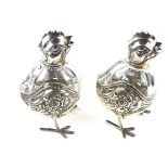 A pair of European silver mounted glass salts in the form of birds. Struck 800. (2 items) 3.