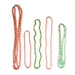 Five bead necklaces. A two strand coral bead necklace. Bead diameters approx. 7 mm. Length 620 mm.