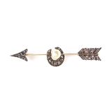 Yellow gold diamond and pearl arrow and horseshoe brooch.