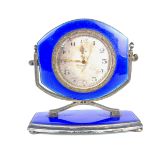 Silver and blue guilloche enamelled desk clock. Eight day movement.