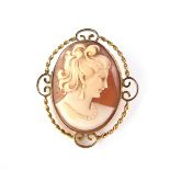 9 ct yellow gold shell cameo brooch. Depicting the bust of a lady in a rope twist gold mount.