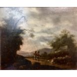 Early Nineteenth Century Landscape of Two figures and a Dog by a Cottage. 7.5 x 8.5 ins., 19 x 22.