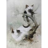 Busdee, Somsak, Thai. Two Cats. 30 x 21 ins., (76 x 53.5), Signed.