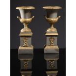 Pair of Medici vases on bronze column, late 19th Century - early 20th Century.