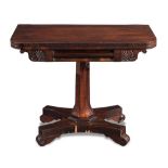 Rosewood veneered game table with fold open velvet lined top, on pedestal base, 19th Century.