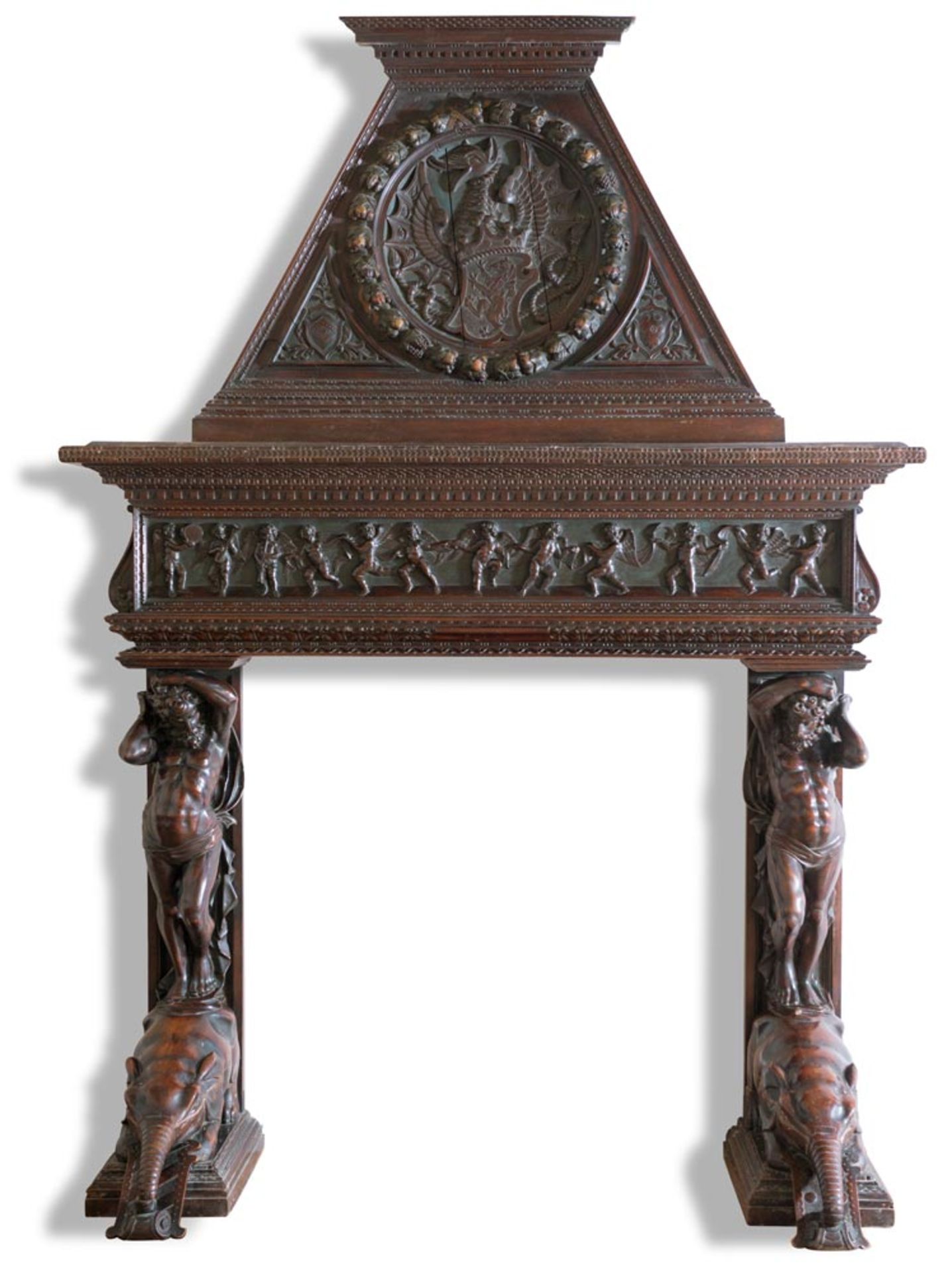 Important carved walnut fireplace, Emilia, 19th Century