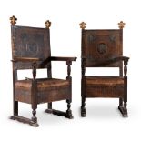 Pair of walnut and leather armchairs, 19th Century