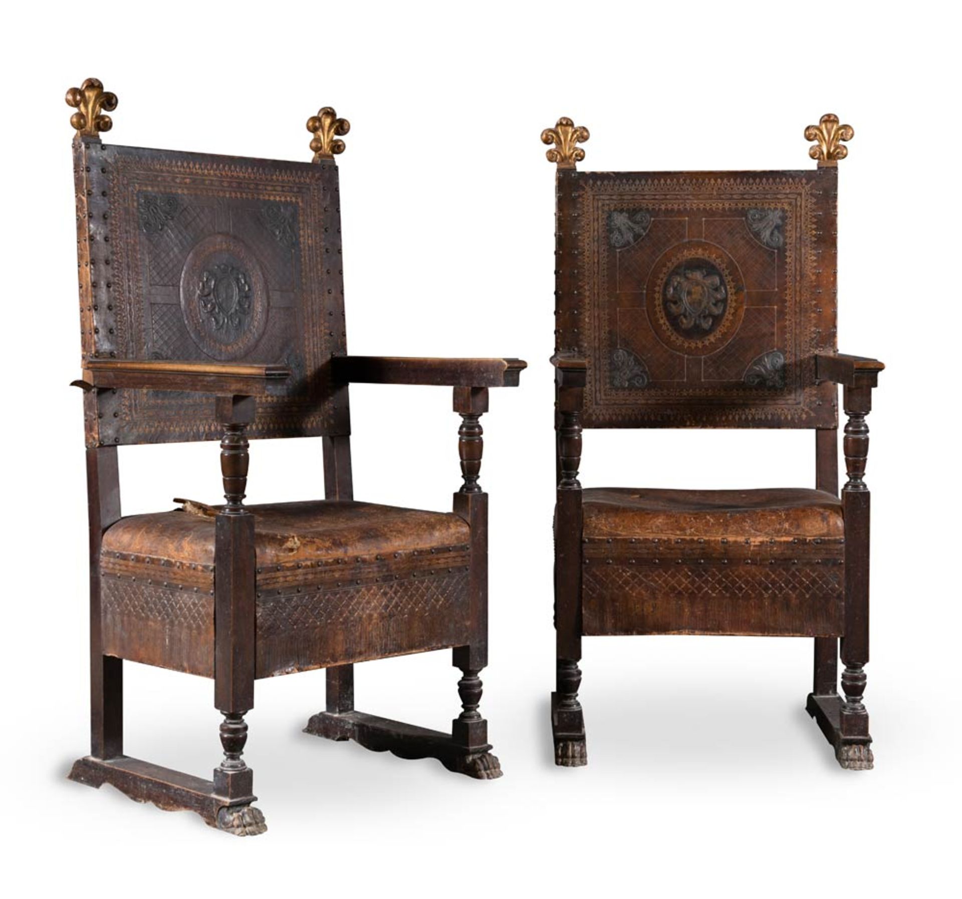 Pair of walnut and leather armchairs, 19th Century