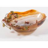 After Alfredo Ravasco (1873 - 1958), Corniola bowl with gold ramage, polychrome enamels and pearls.