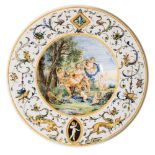 Majolica plate, Manufacture Minghetti, early 20th Century, "Trionfo di Bacco"