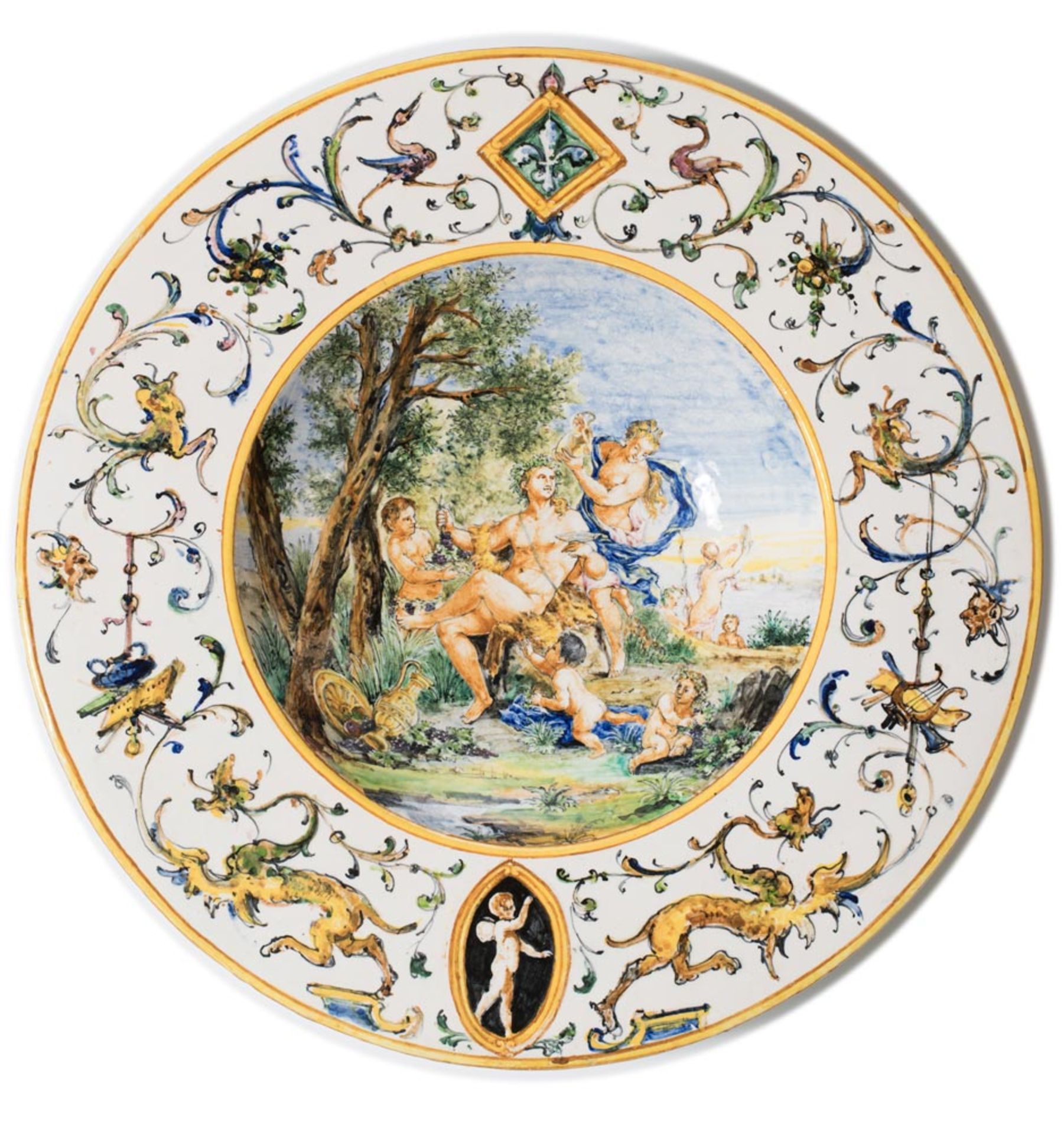 Majolica plate, Manufacture Minghetti, early 20th Century, "Trionfo di Bacco"