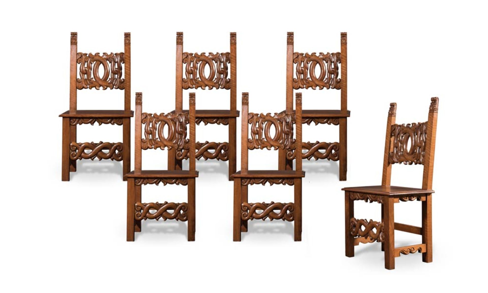 Six walnut chairs, Emilia, 17th Century.
