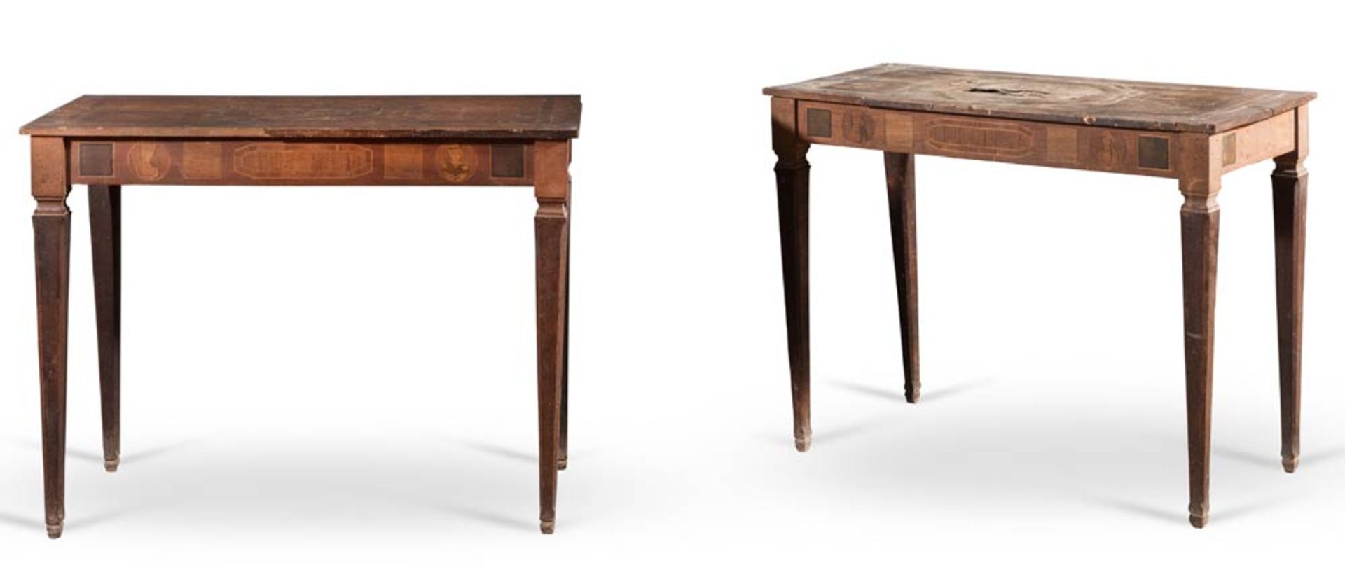 Pair of walnut veneered small tables, Rolo, late 18th Century - early 19th Century.