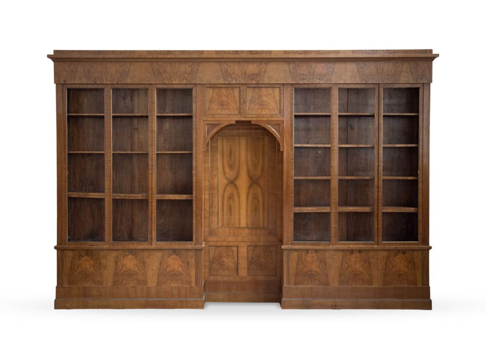 Walnut and burl walnut veneered bookcase, 20th Century, in style.