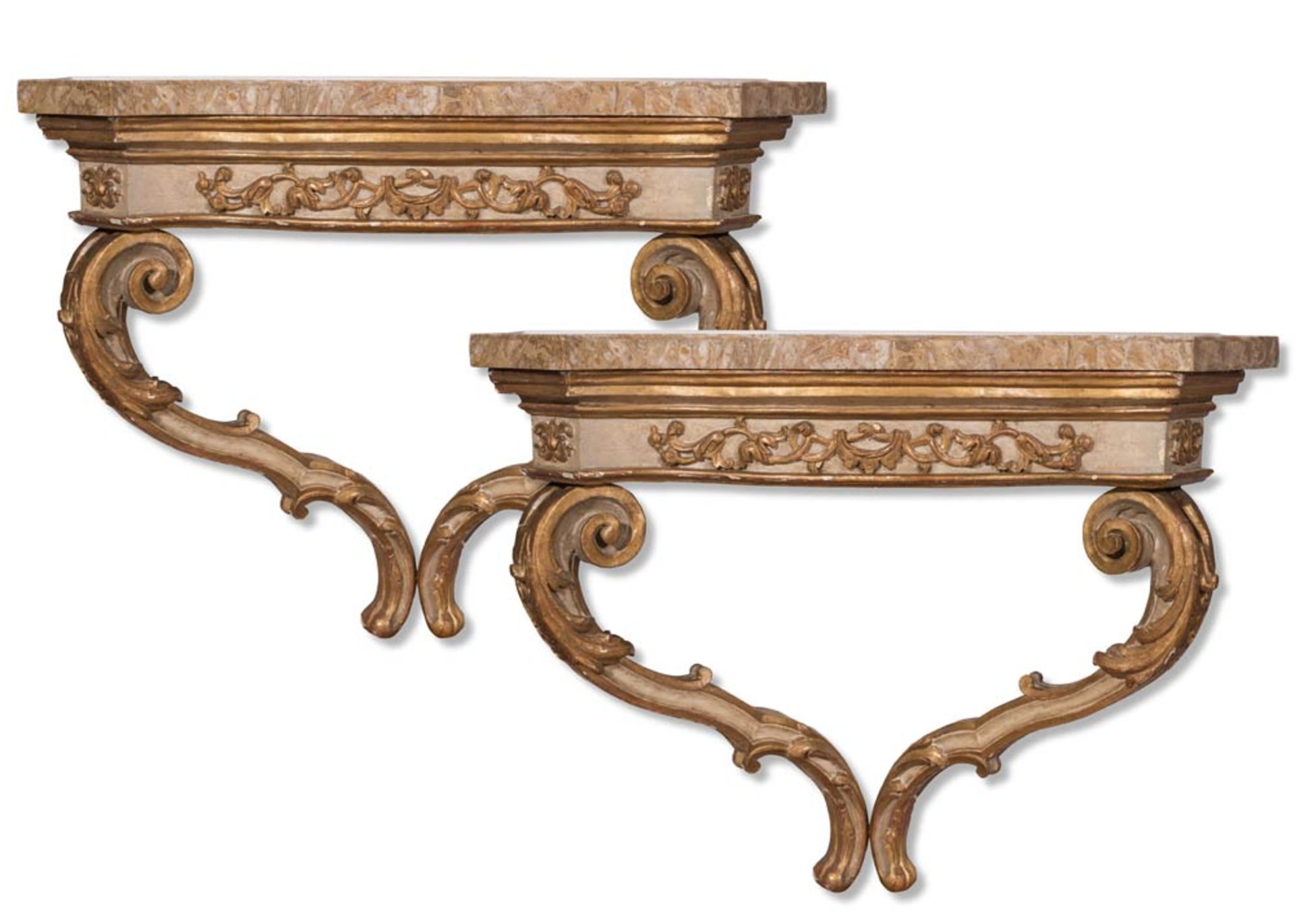 Pair of carved, lacquered and gilt wood consoles, Emilia, 19th Century.