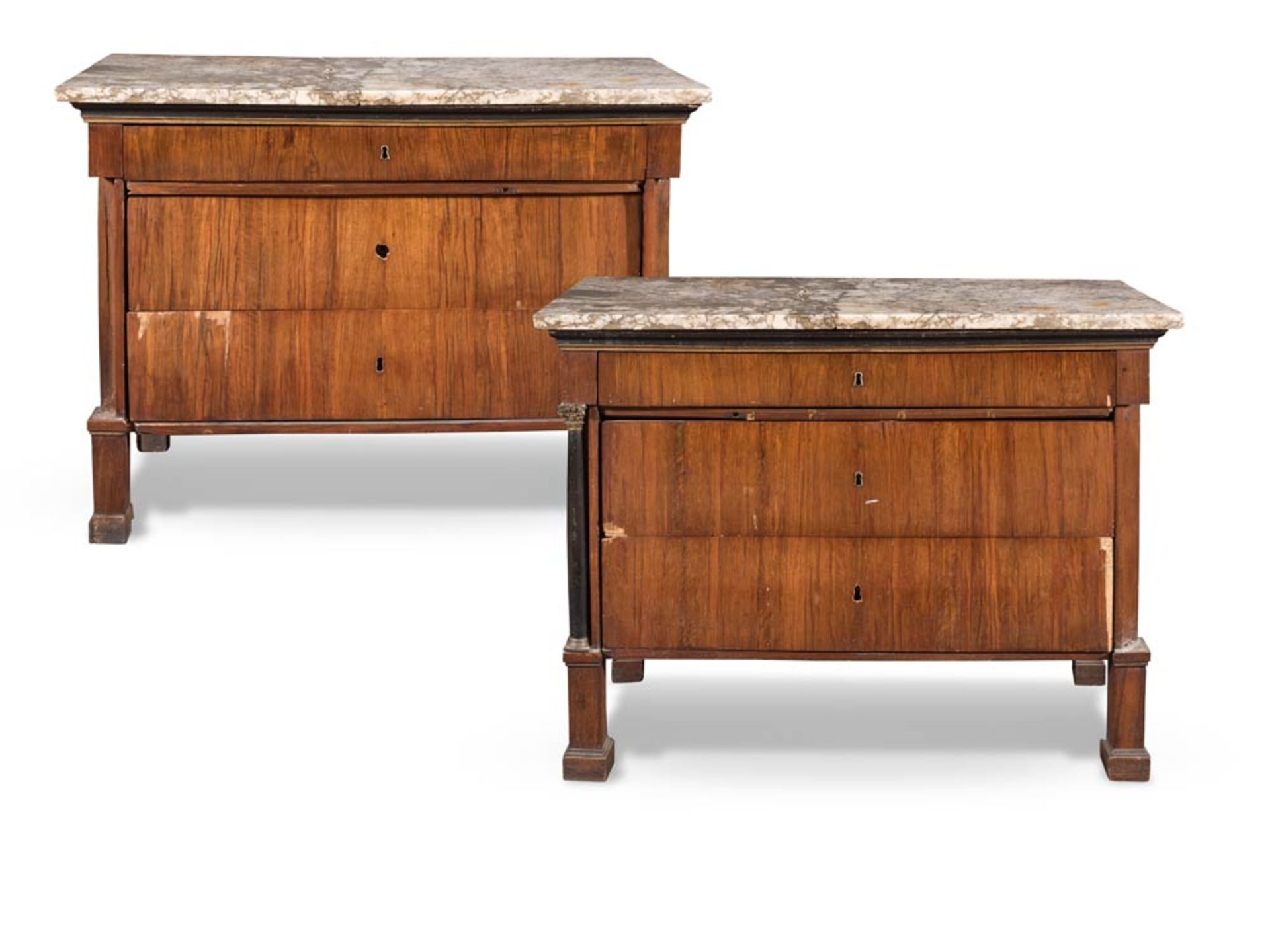 Pair of walnut and walnut veneered commodes, early 19th Century, Empire Period.