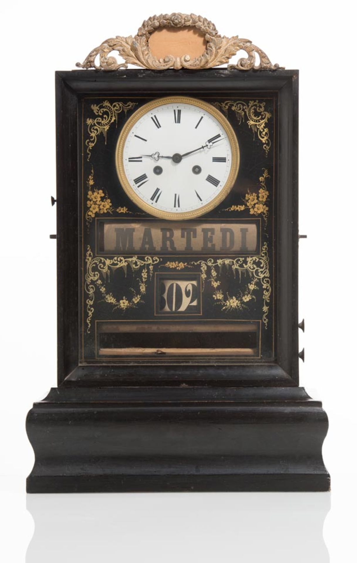 Ebonized wood and gilt metal table clock with calendar, Italy