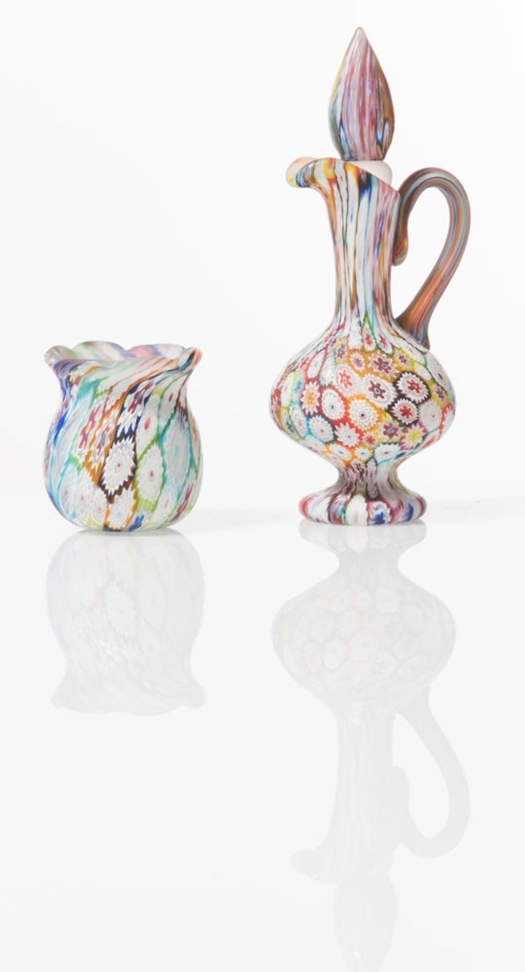 Toso Brothers, Murano, Murrine glass small ewer with cap and vase, early 20th Century.