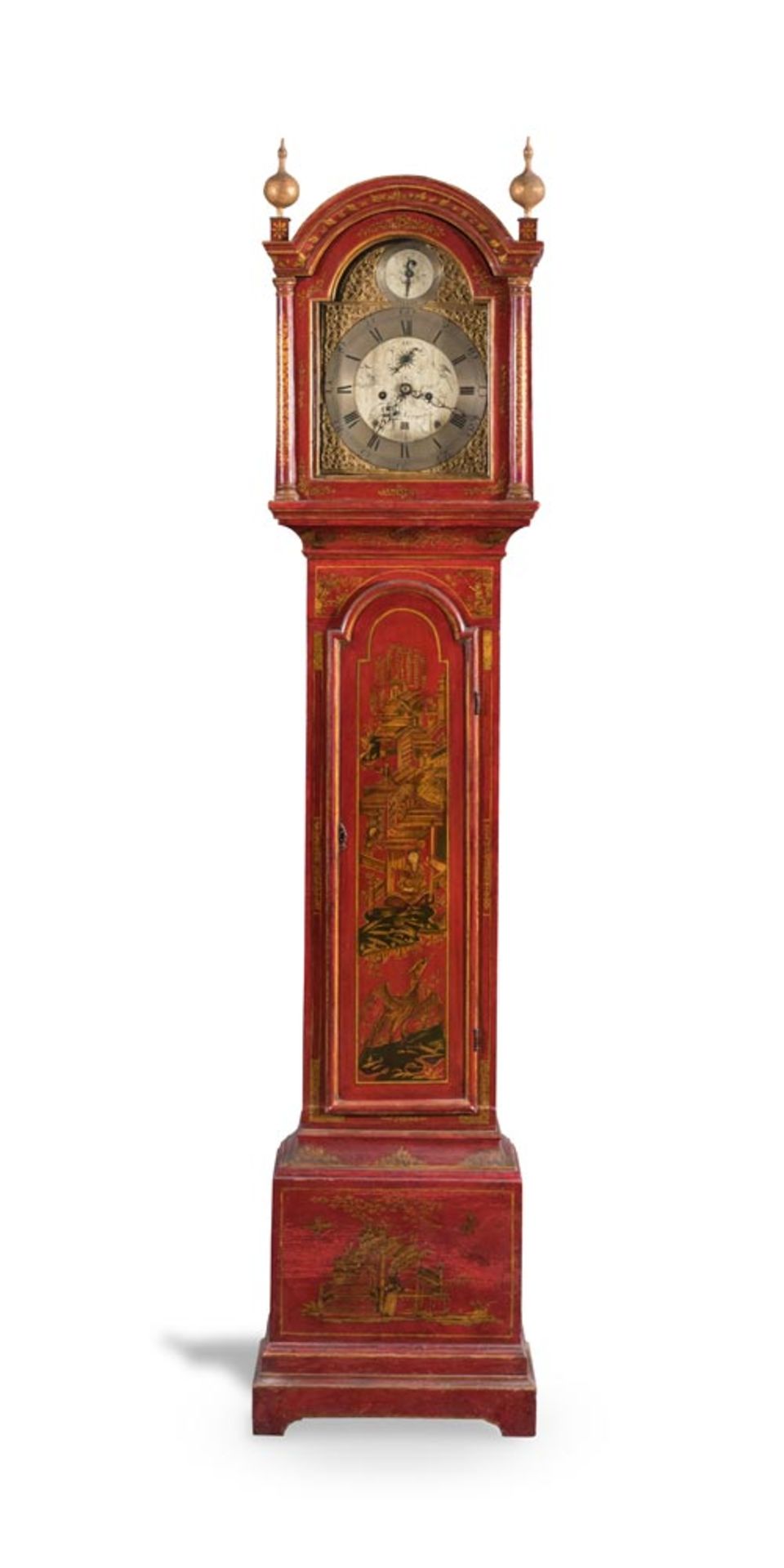 English Red Lacquer Longcase Clock with Chinoiserie Design, 18th Century.