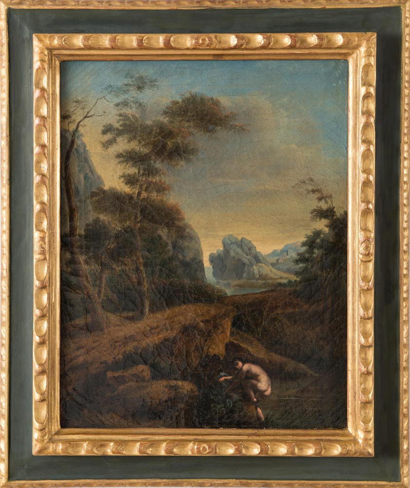 Pittore del XVIII sec., "Paesaggio fluviale con bagnante".