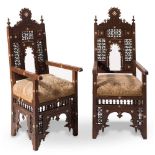 Pair of carved and Mother-of-pearl inlaid wood armchairs, Turkey, 19th Century – 20th Century.
