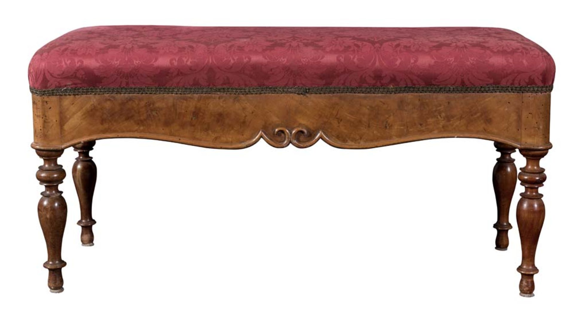 Small wood bench with red upholstery, late 19th Century. - Image 2 of 2