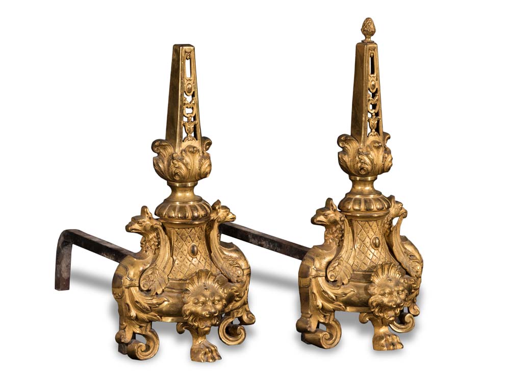 Pair of gilt bronze andirons, 19th Century.