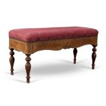 Small wood bench with red upholstery, late 19th Century.
