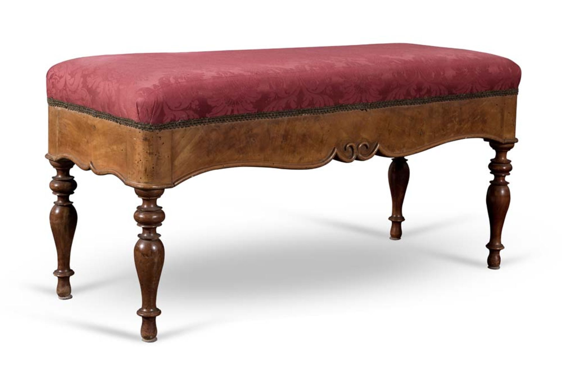Small wood bench with red upholstery, late 19th Century.