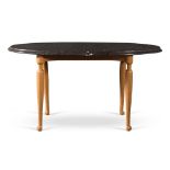 Josef Frank, Walnut coffee table with green marble oval top, 40s.