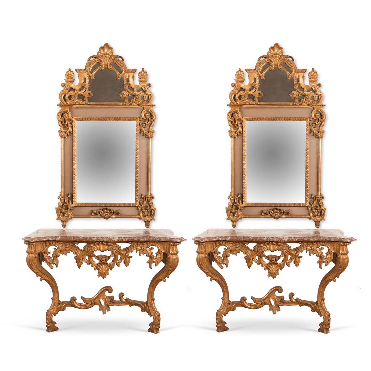 Pair of console tables with mirror, 20th Century.