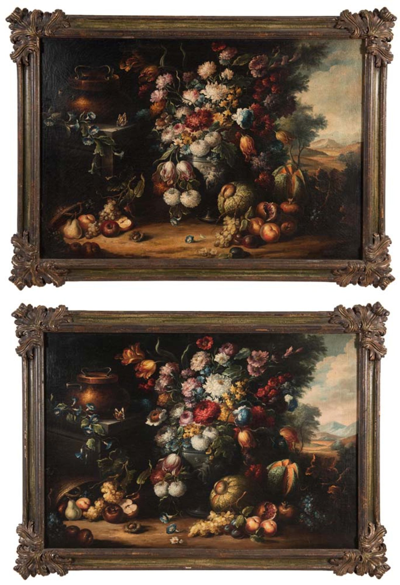 20th Century Painter, Pair of "Nature morte con vaso di fiori e cesta di frutta".