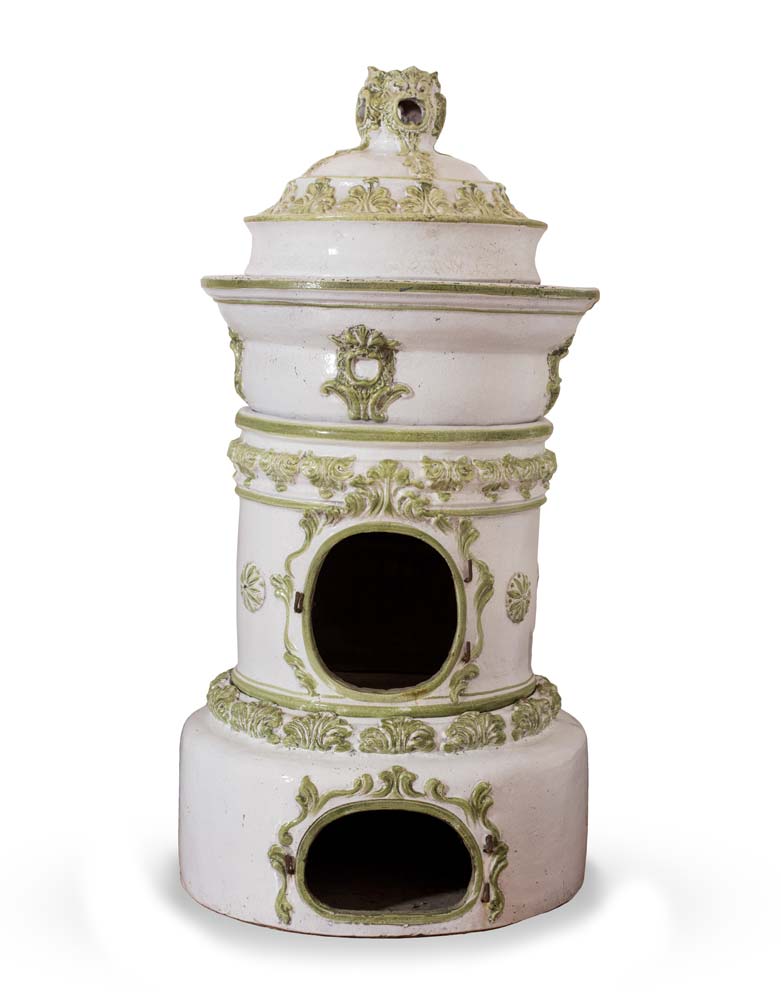 White and green majolica Kachelofen or Masonry heater, 20th Century.