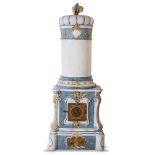 White and blue majolica Kachelofen or Masonry heater, 20th Century.