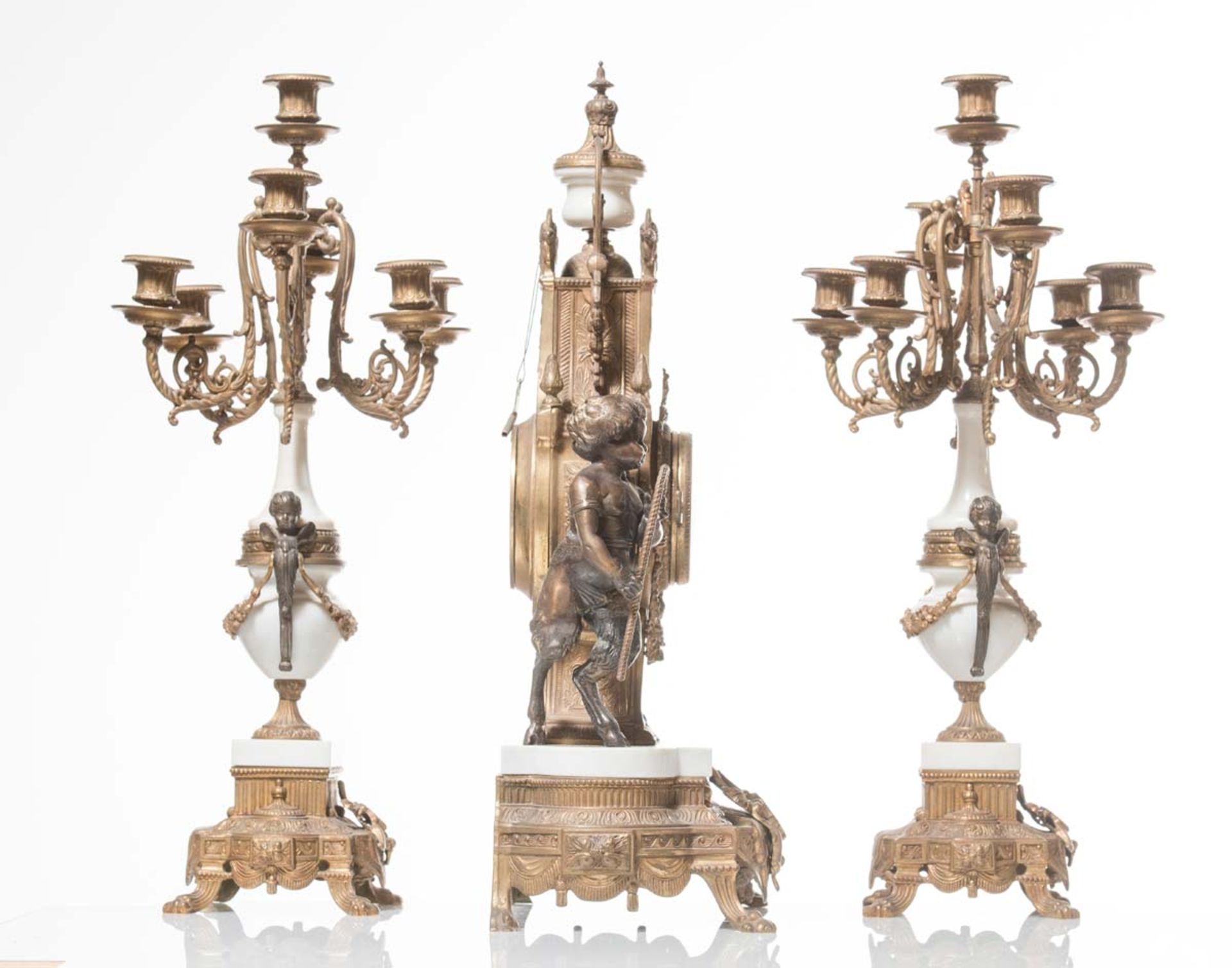 Three piece bronze and white marble Clock Set, Italy, 20th Century. - Image 2 of 2