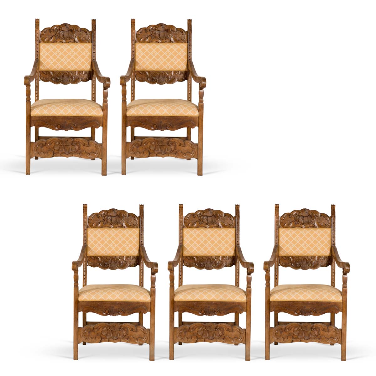 Group of five carved walnut armchairs, 20th Century.