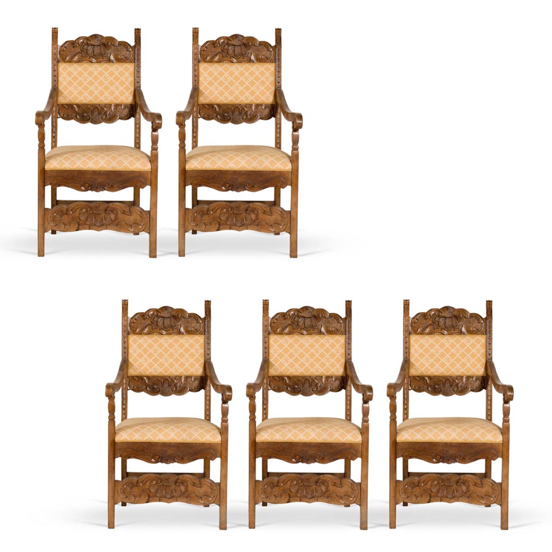 Group of five carved walnut armchairs, 20th Century.